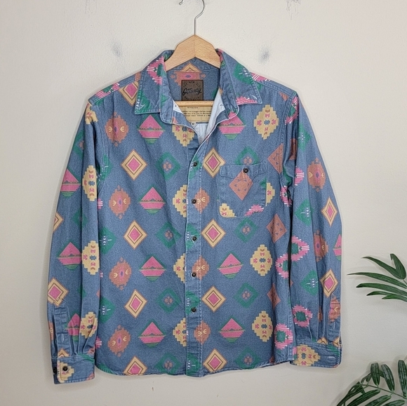 Ottway The Label | Riverston 80s Inspired Aztec Tribal Print Button Front Shirt - Picture 1 of 6